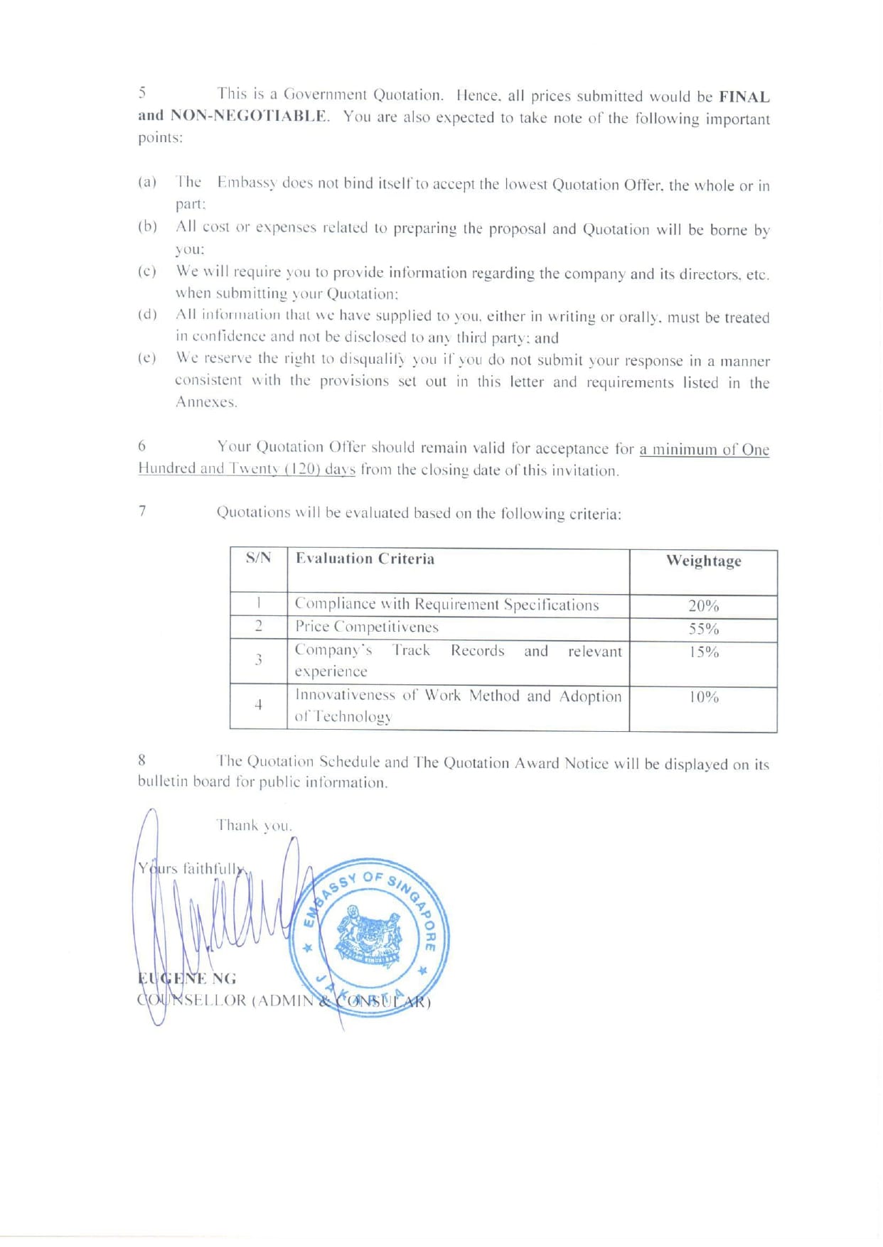 Text document with "Embassy of Singapore" seal, table of evaluation criteria, and signature.